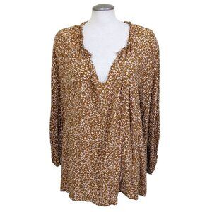 Old Navy Womens Floral Split Neck Poet Blouse Size 4X Caramel Brown Long Sleeve